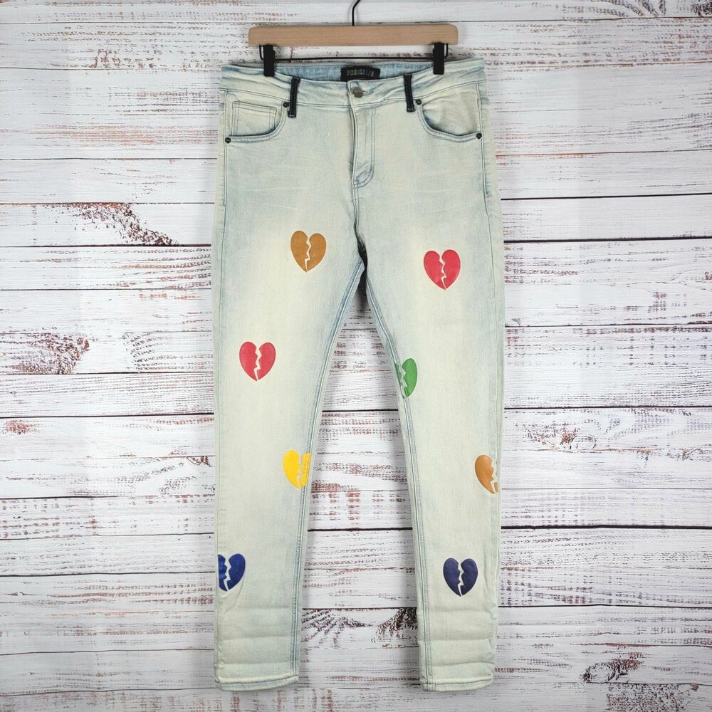 Pheelings "Let it Go" Jeans Mens Sz 36 x 32 Light Wash Skinny Fit Broken Hearts